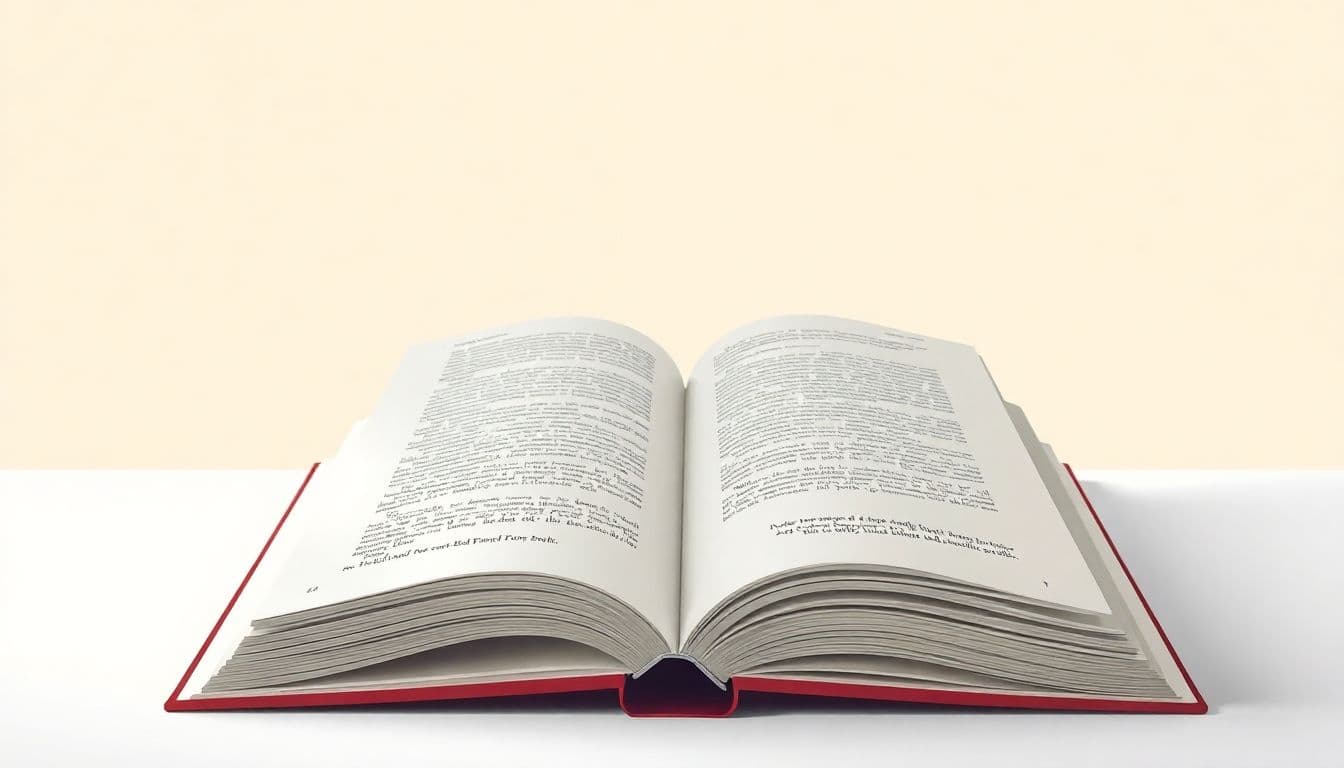 Minimalist illustration of an open book with an elegant cover design, featuring clear typography and a soft-focus background in a harmonious color palette.