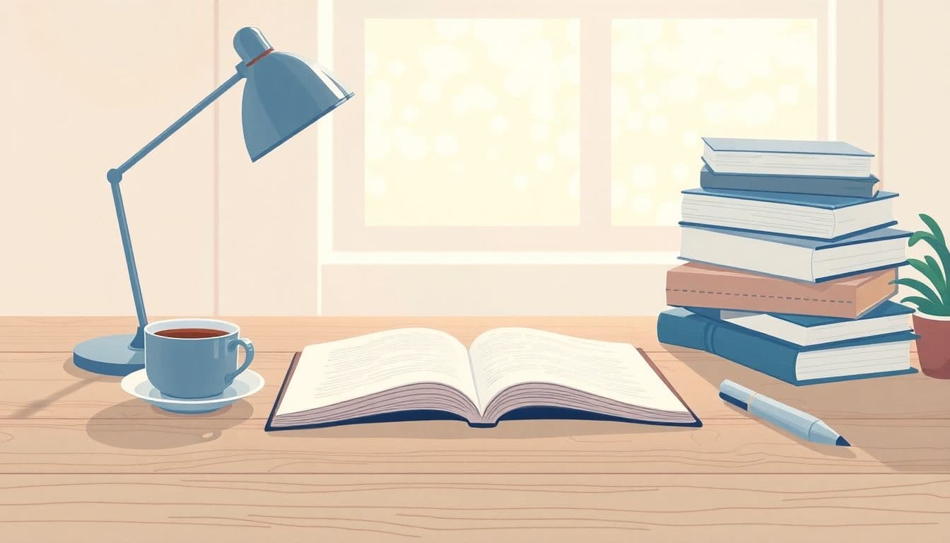Minimalist workspace with a wooden desk, open notebook, steaming coffee cup, and stack of books, bathed in soft natural light with calming colors.
