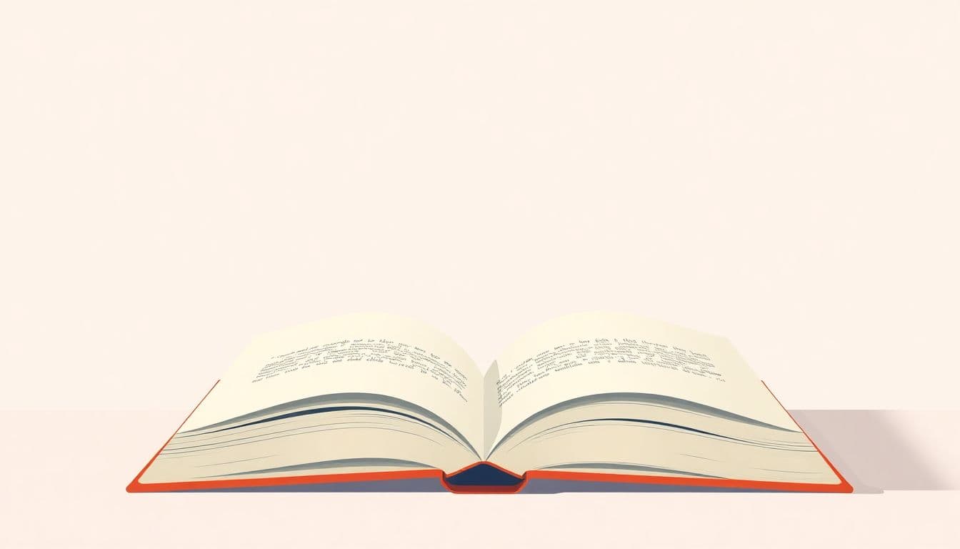 Minimalist illustration of an open book against a soft, inspiring background, featuring inviting colors and a calm atmosphere.