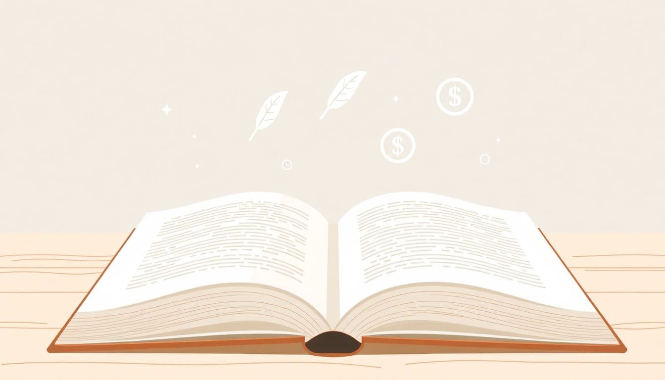 Illustration of a clean open book with floating icons representing publishing concepts, including a quill, magnifying glass, and dollar sign, in soft muted colors.