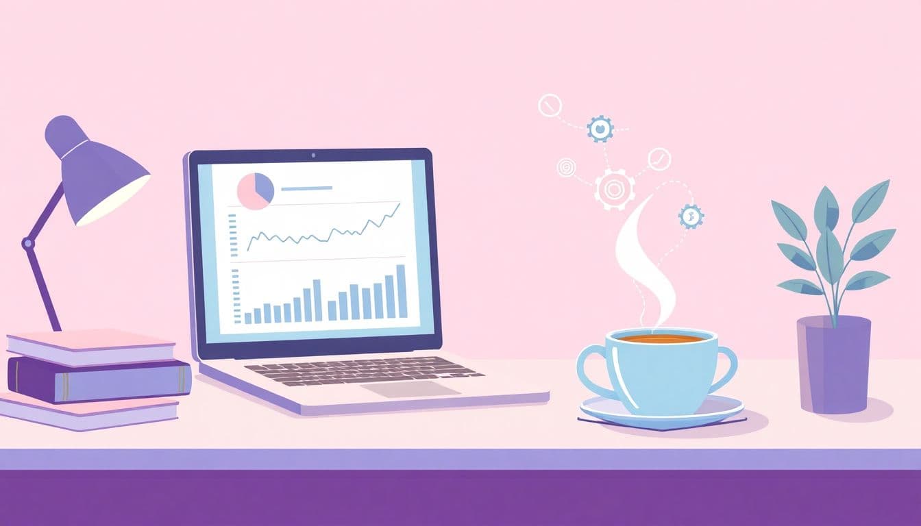 Illustration of a peaceful workspace with a cozy desk, a laptop showing graphs and charts, a steaming cup of tea or coffee, and floating icons of gears and checkmarks, all in soft pastel colors.