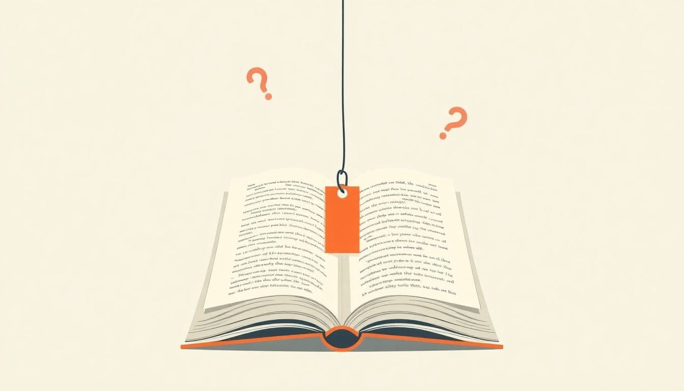 An open book with a price tag hanging from it, surrounded by a thinking silhouette and question marks, set against a minimalist, calming background in soft colors.