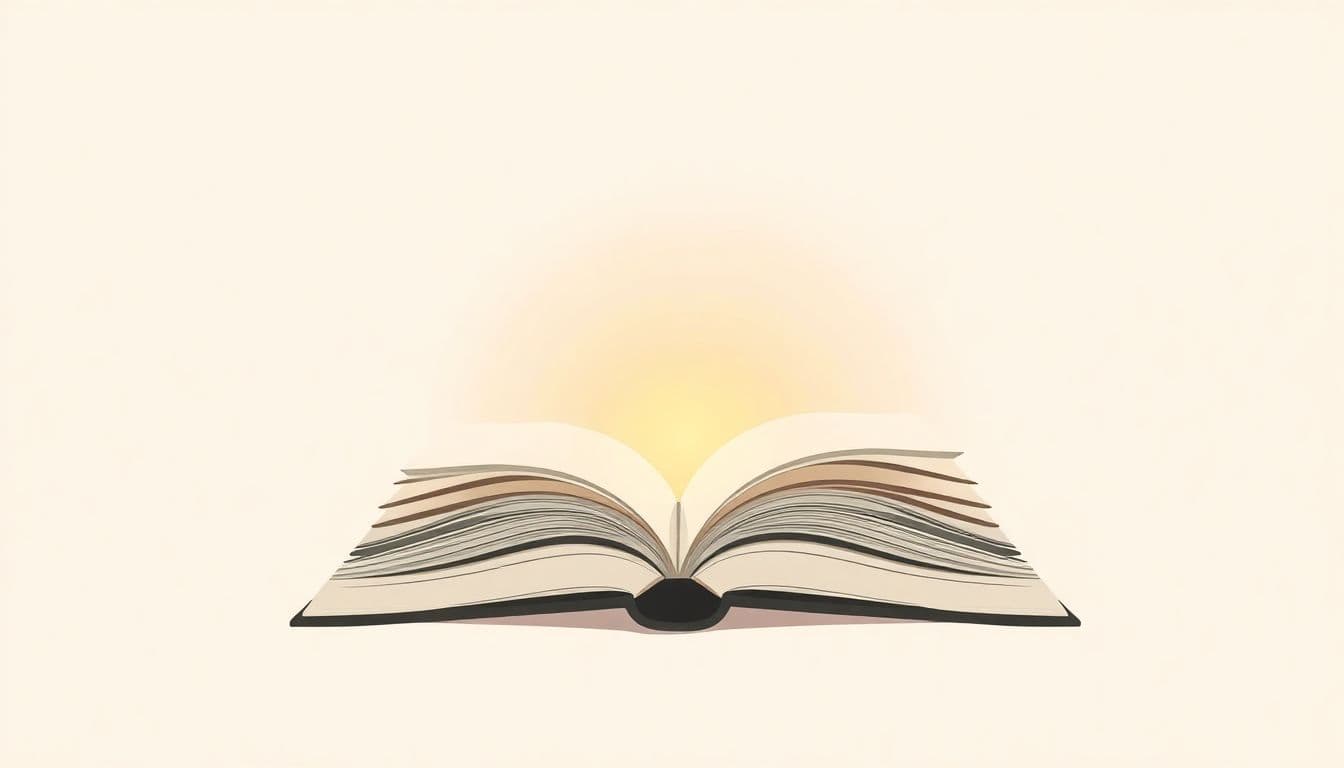 An open book with a warm glow emanating from its pages, set against a soft, minimalist background.