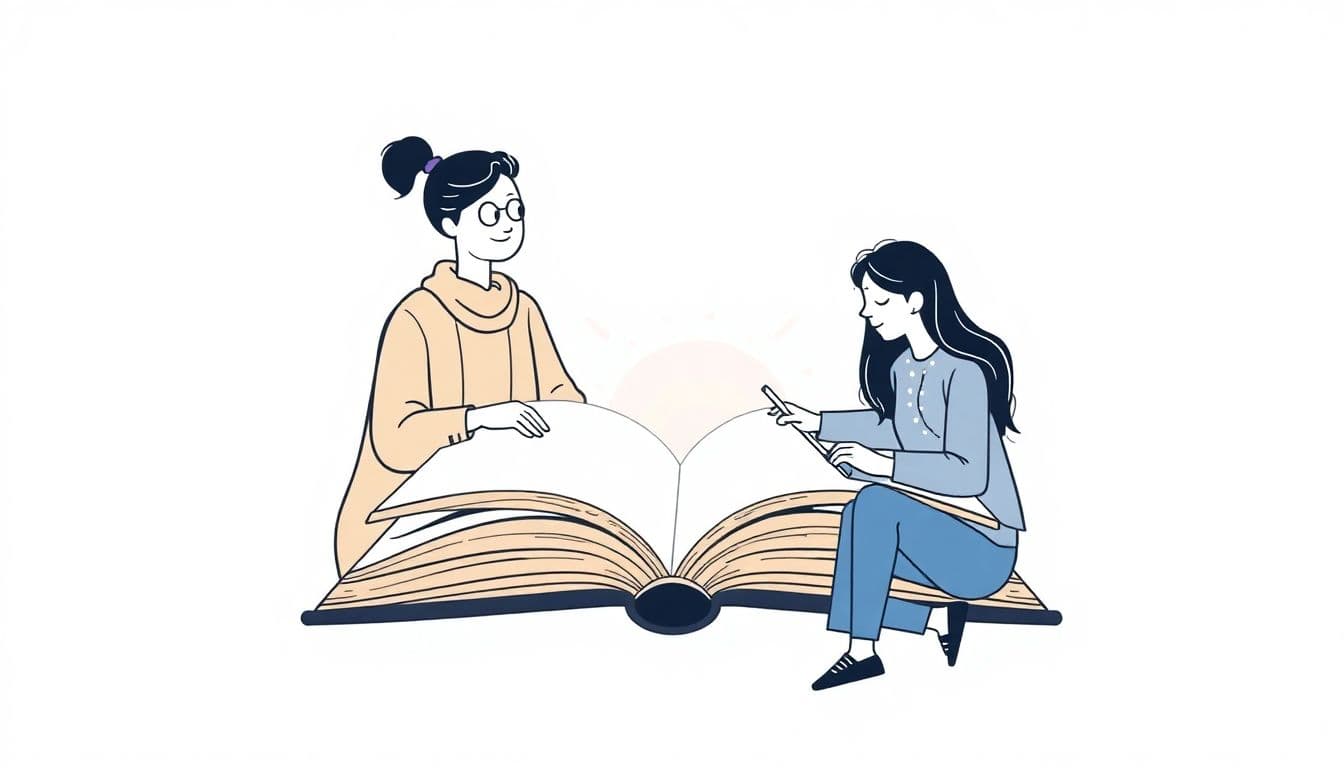 A wise, friendly book coach guiding a hopeful writer near a large open book, enveloped in a soft glow, set against a clean, minimalist background.