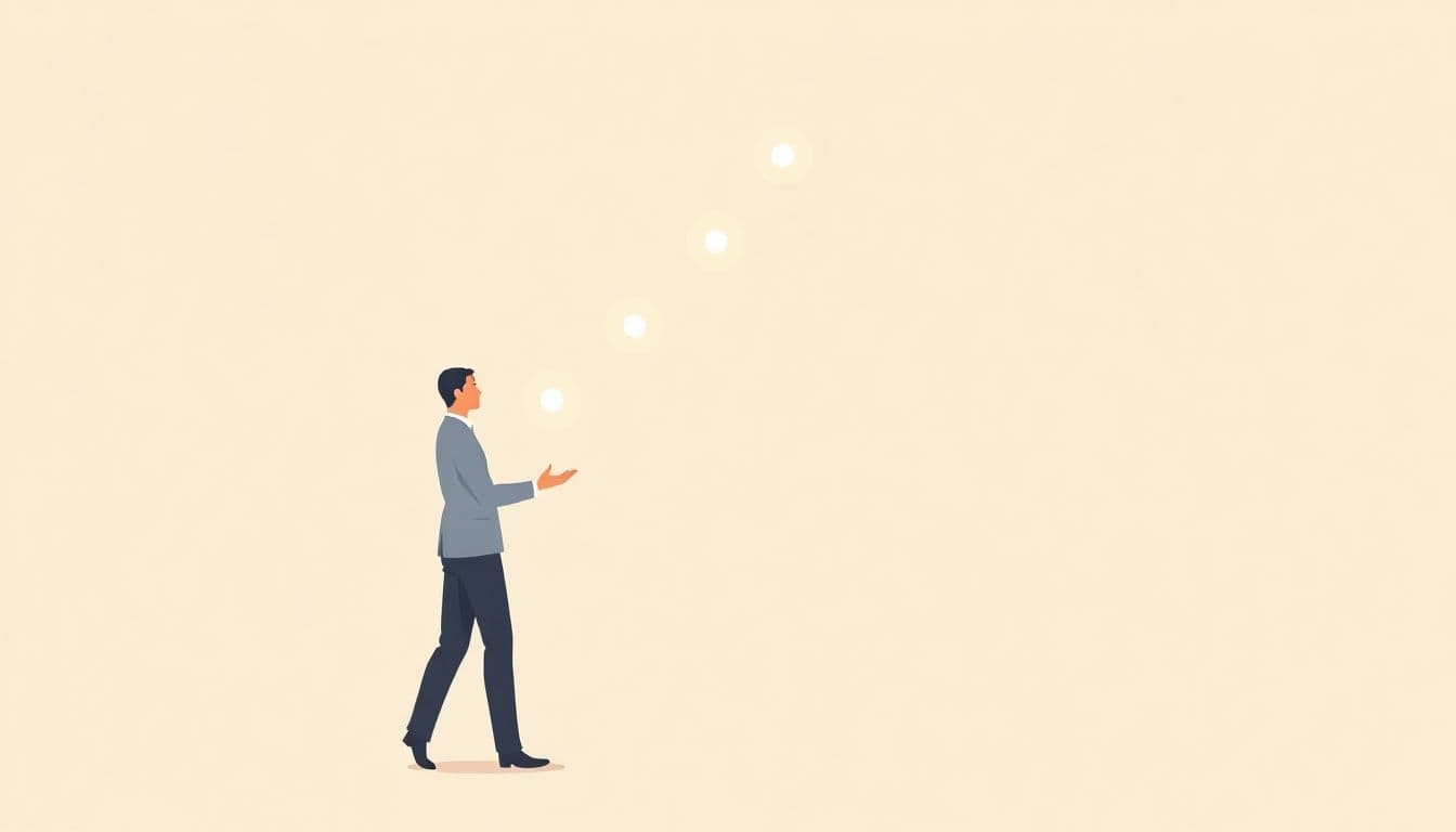 Minimalist illustration of a person juggling glowing spheres, representing the management of book rights, set against a clean, soft-colored background.