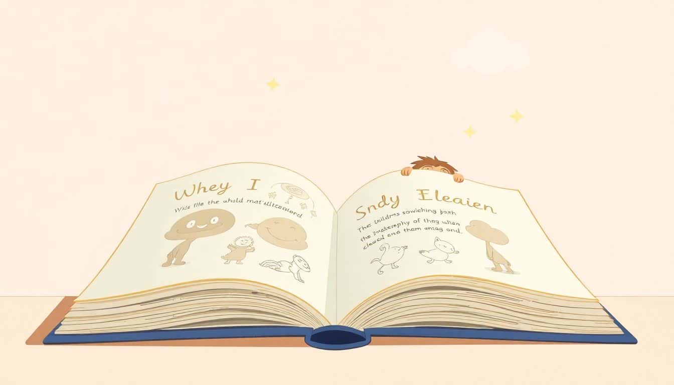 An open children's book with whimsical illustrations on its pages, surrounded by soft, pastel-colored shapes like clouds and stars, with a playful character peeking over the edge, symbolizing curiosity and discovery.