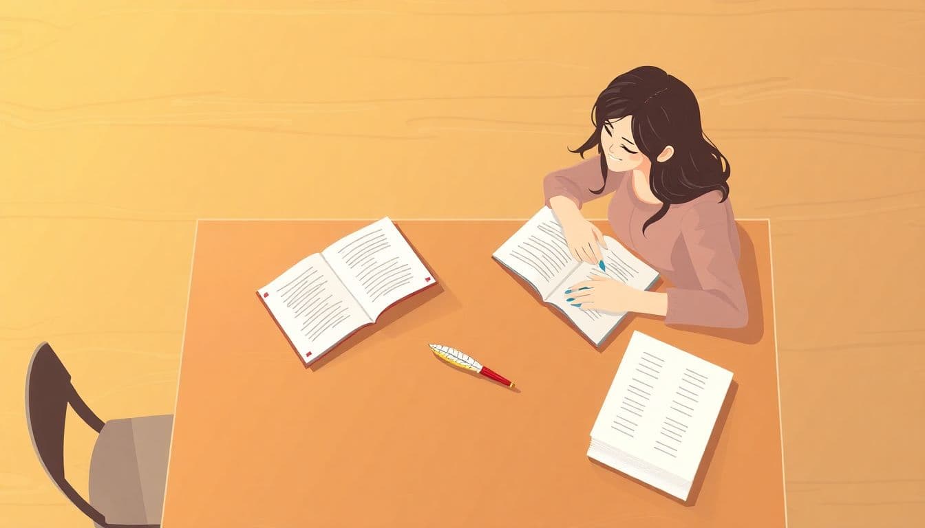 Two authors sitting at a wooden table, discussing happily over open notebooks and pens, with a subtle legal agreement and a quill pen in the scene; warm colors and a soft, blurred background emphasize their collaboration.