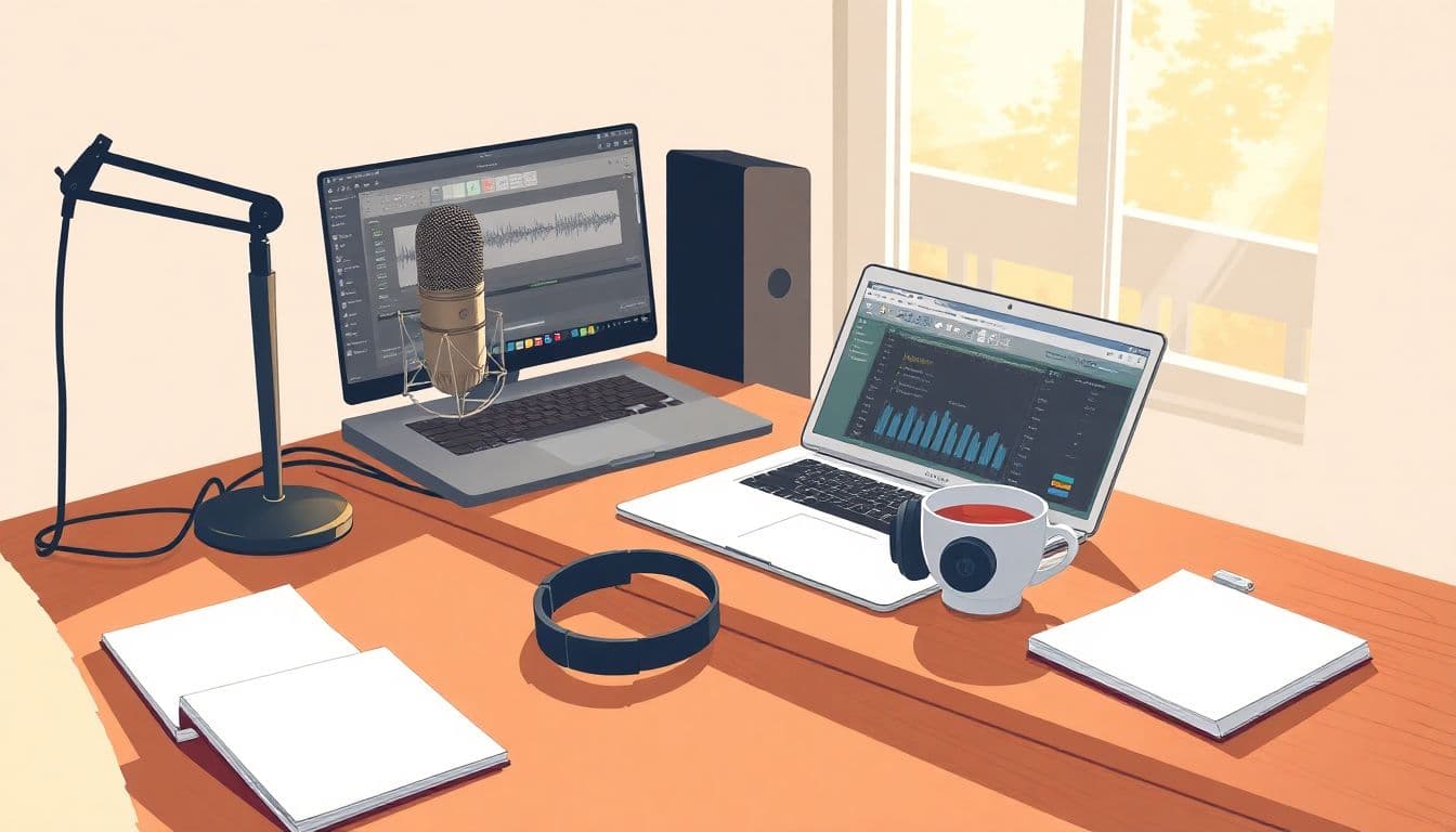 Cozy home studio setup for audiobook creation with a vintage microphone, headphones, a laptop displaying audio editing software, notebooks, and a steaming cup of tea, all bathed in warm light.