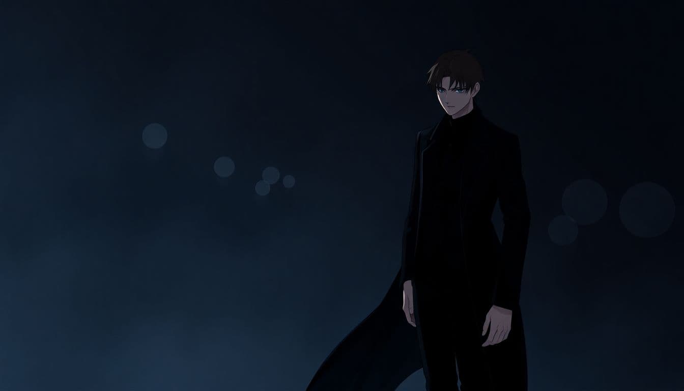Mysterious villain in a dimly lit setting, wearing a dark elegant outfit and displaying a thoughtful expression, surrounded by subtle shadows and blurred silhouettes of past conflicts.