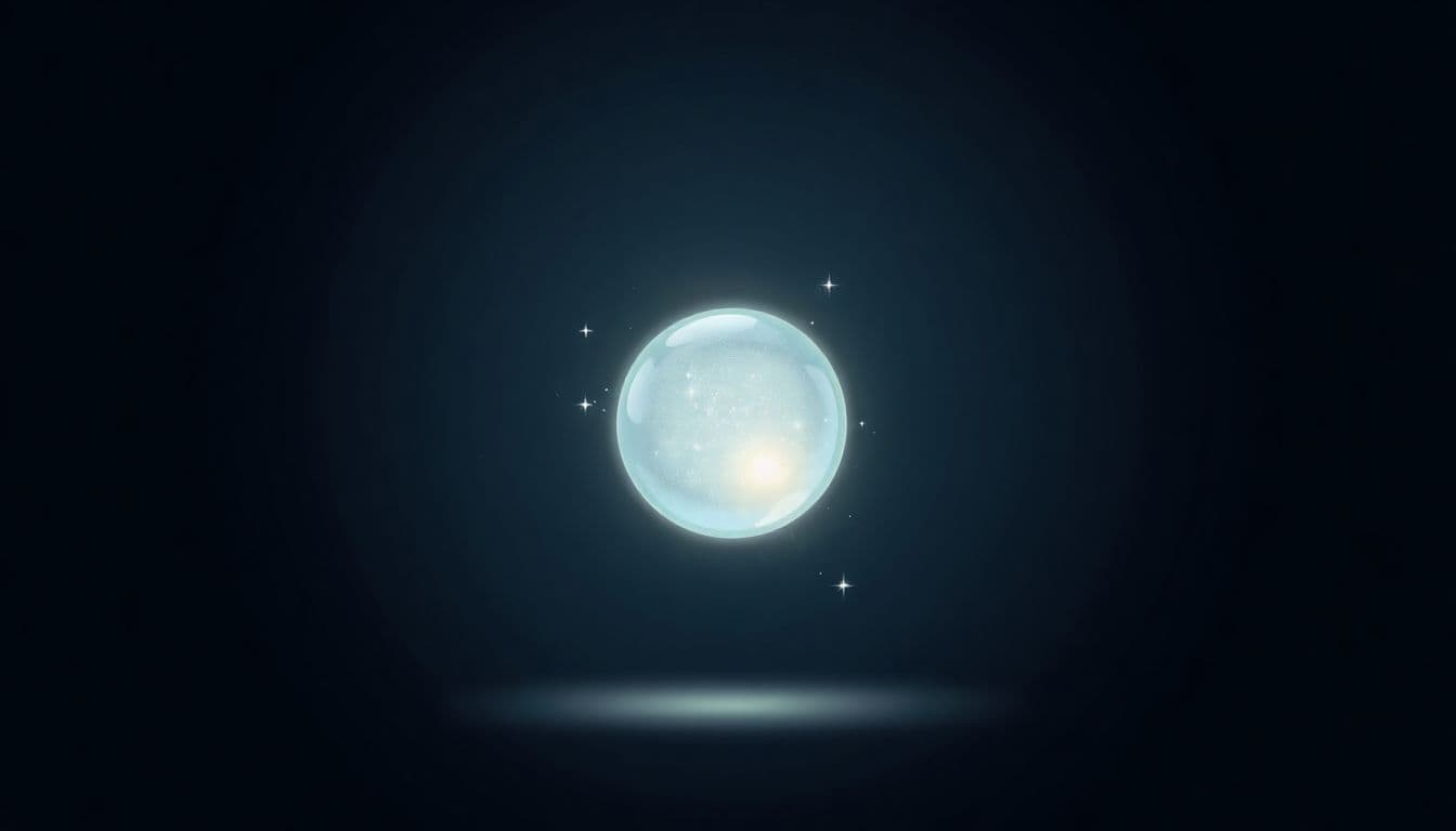 A glowing magic orb floating against a dark background, surrounded by subtle sparkles and wisps of energy.