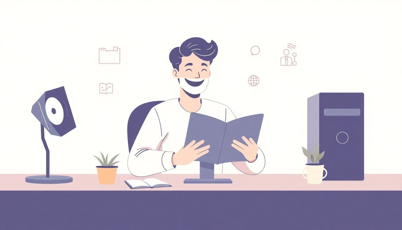 A person joyfully designing a personalized ebook on a computer, surrounded by subtle icons of goals, AI, and design elements, in a minimalist and colorful style.