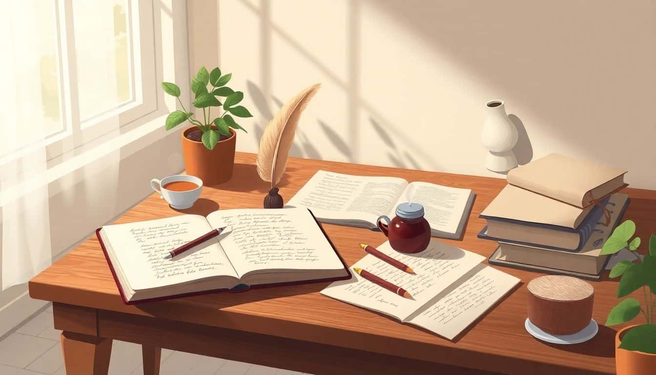 A cozy writing desk with an open notebook, a quill and inkpot, scattered handwritten notes, a steaming cup of tea, and potted plants, illuminated by soft natural light from a window, creating an inviting and inspiring workspace.