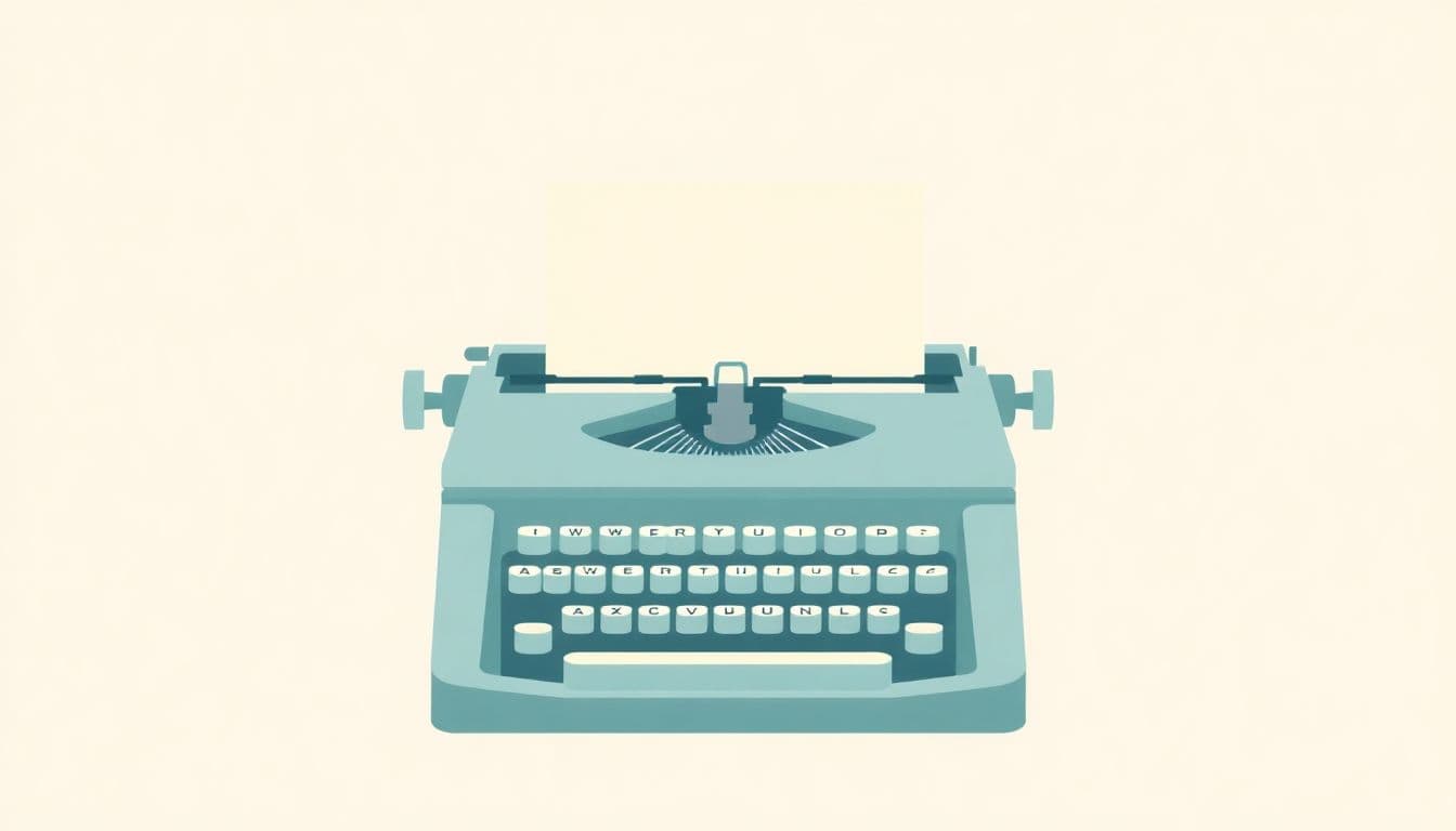 Open vintage typewriter with a softly glowing sheet of paper emerging, set in a minimalist style with pastel tones.