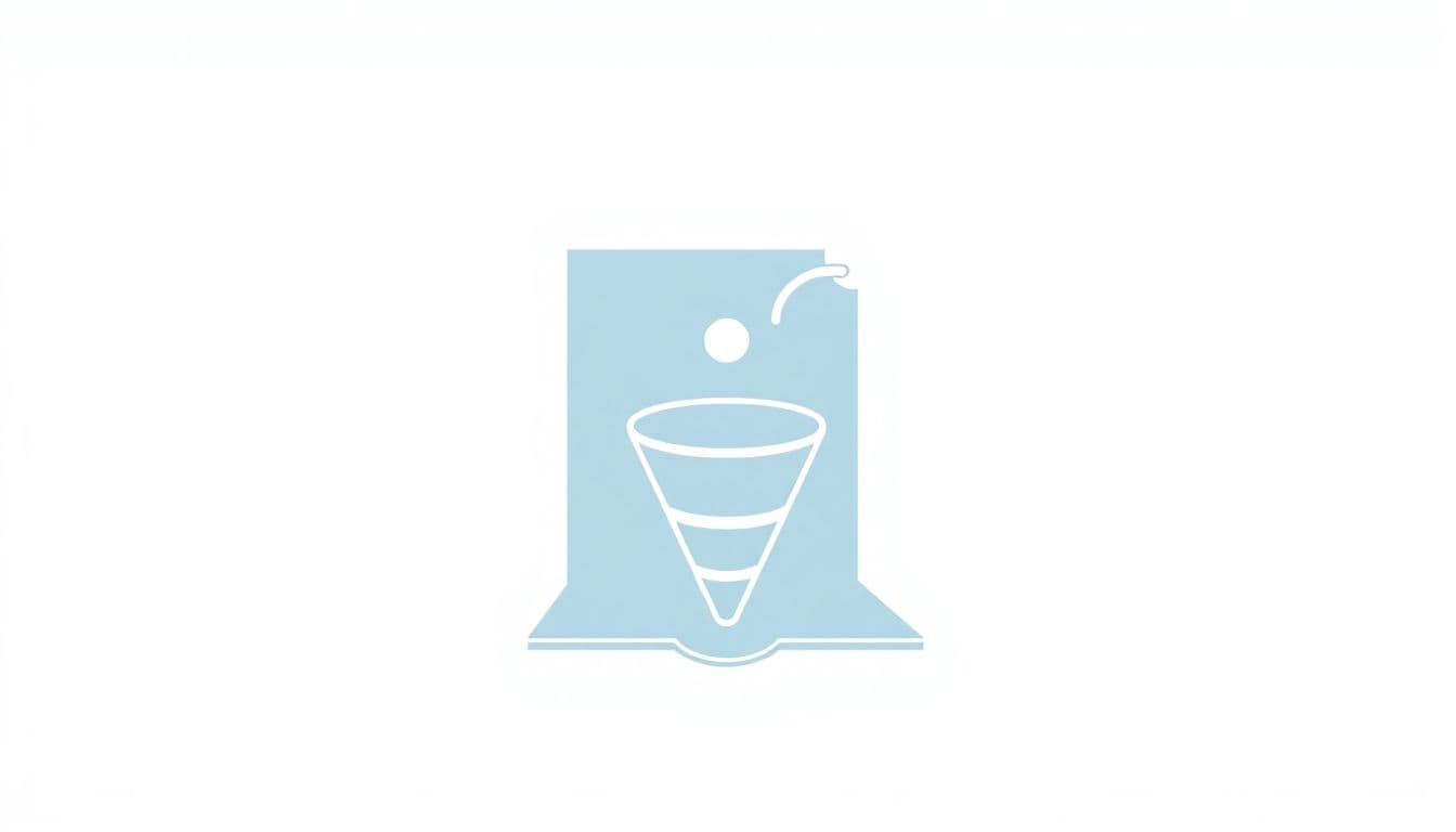 Minimalistic illustration of a sleek book icon with a simple sales funnel flowing into it, featuring clean lines and soft colors to represent ebook marketing and digital connection.