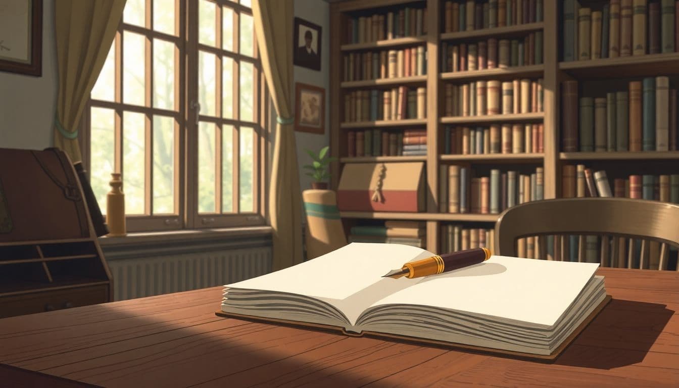 Open notebook and vintage fountain pen on a wooden desk, with soft natural light from a nearby window and a cozy bookshelf filled with classic novels in the background.