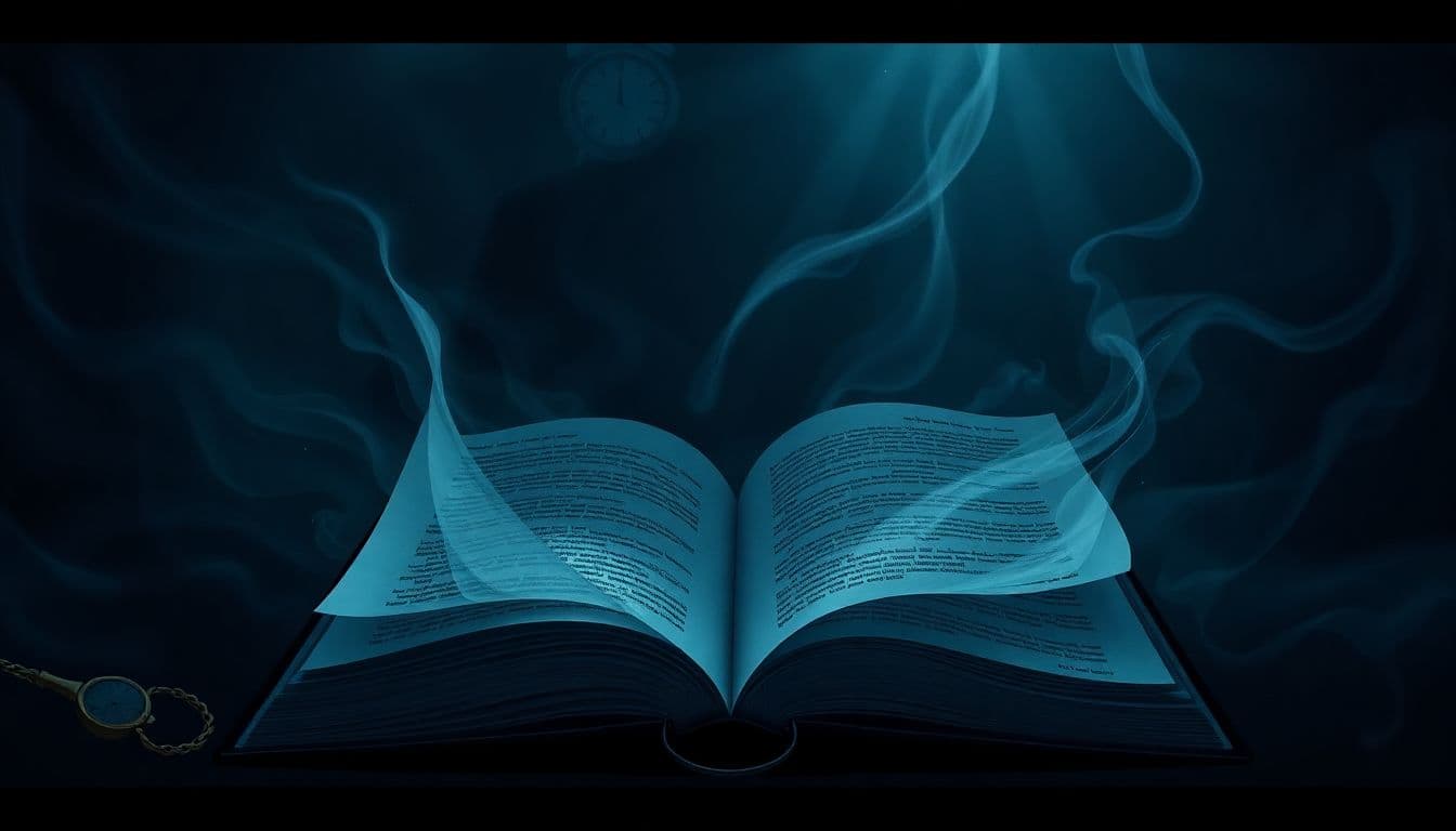 An open book with turning pages surrounded by swirling shadows, dim light, a ticking clock, and a shadowy figure in the background, conveying a sense of mystery and suspense.