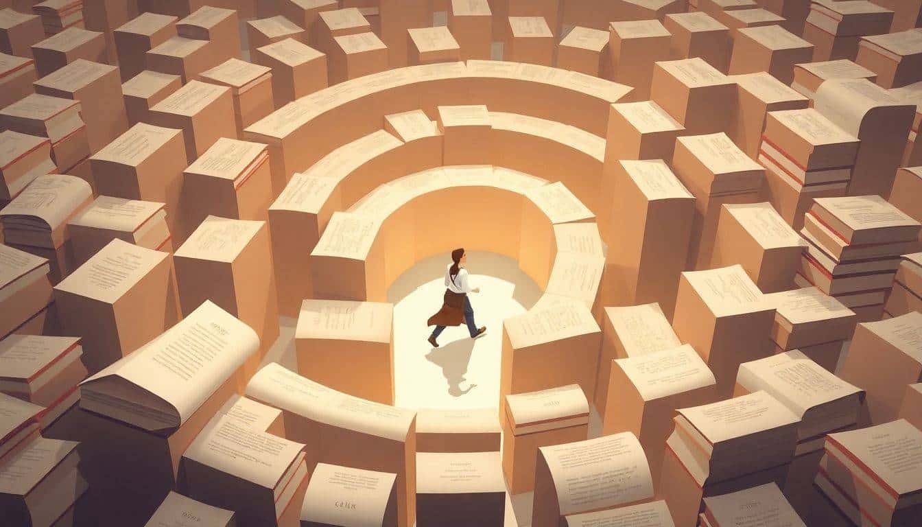 Person navigating a labyrinth of books and scrolls, illuminated by soft light, representing the journey of understanding citation styles.