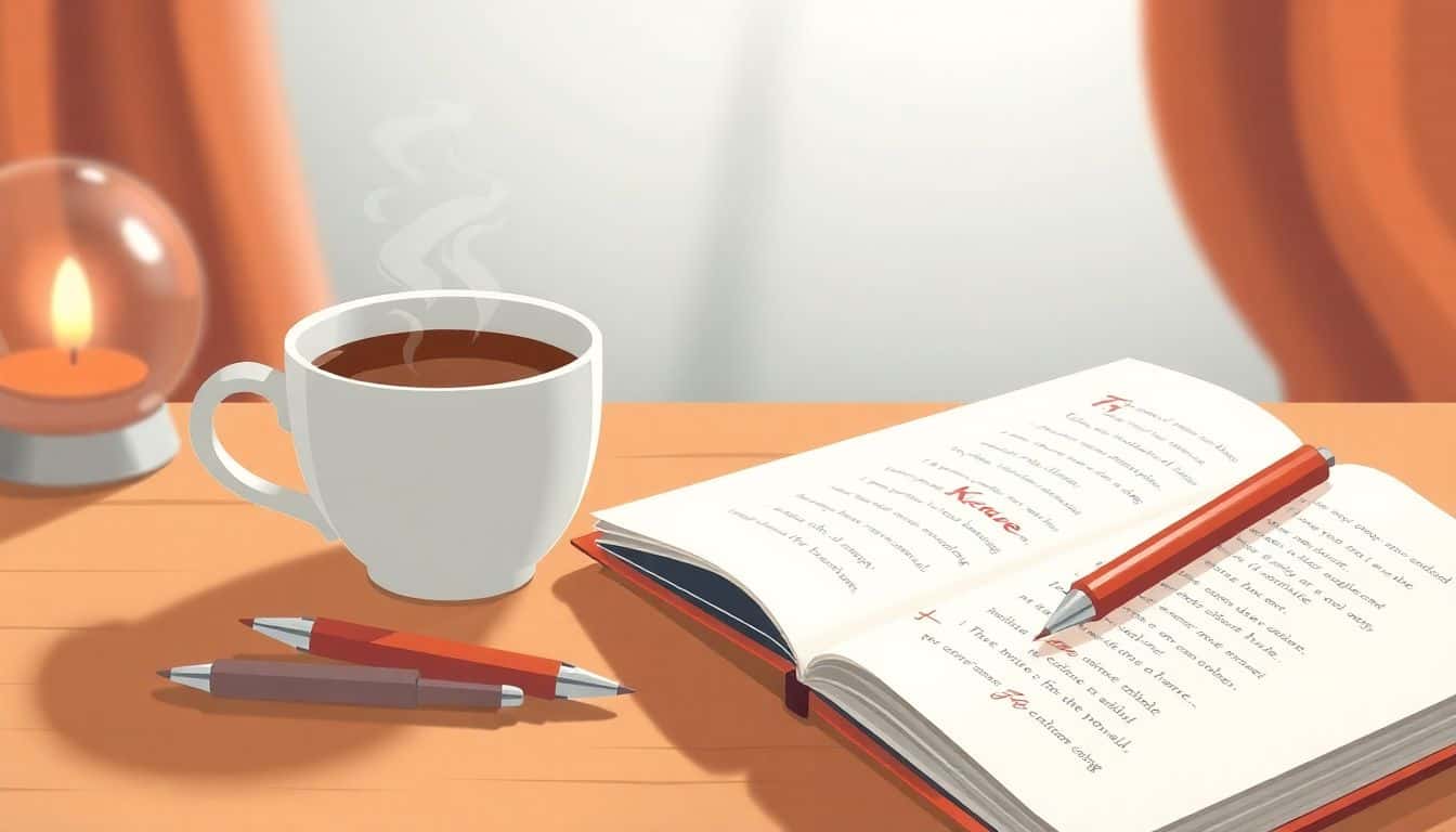 Cozy workspace with an open notebook featuring red markings and polished text, a steaming cup of coffee, and a red editing pen, softly illuminated with a blurred background.