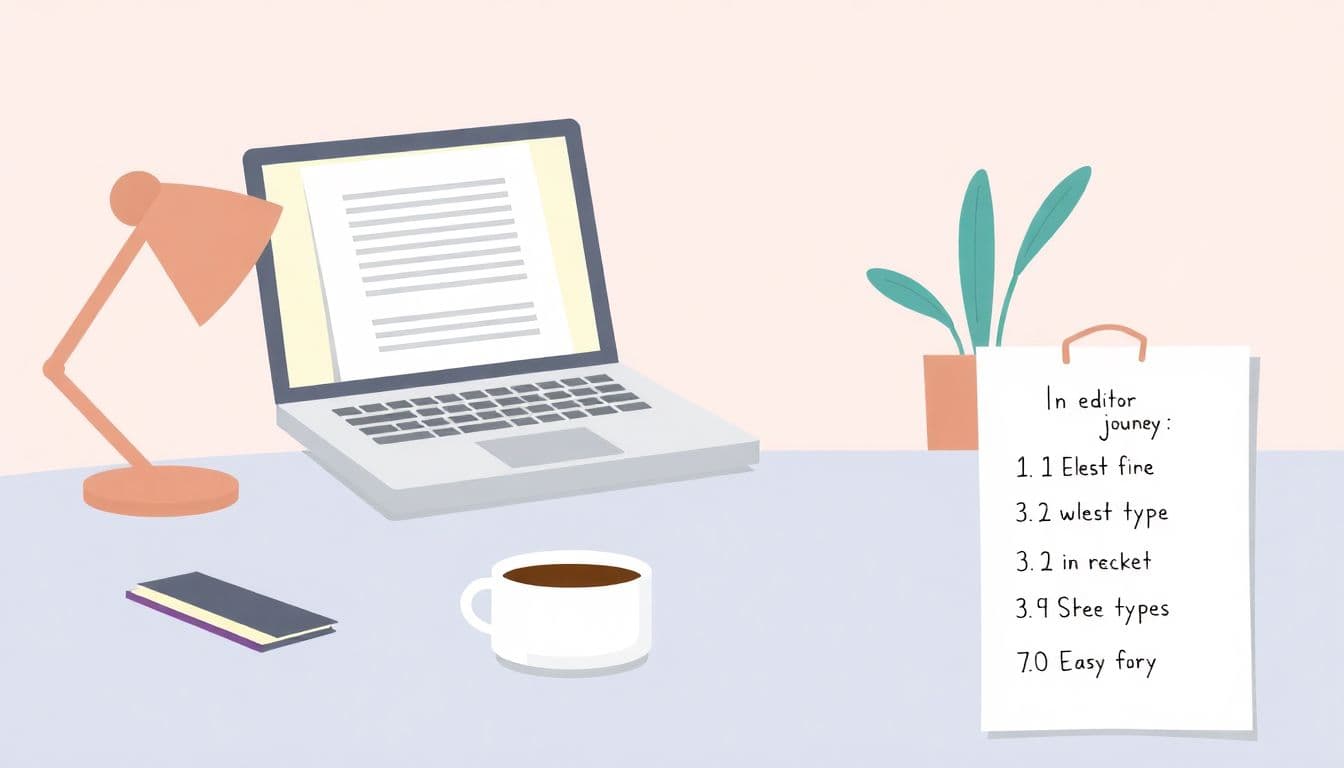 A serene workspace with a desk, open laptop displaying a document, a cup of coffee, and a notepad with a checklist titled '10 Easy Steps,' all in soft colors and minimalist style.