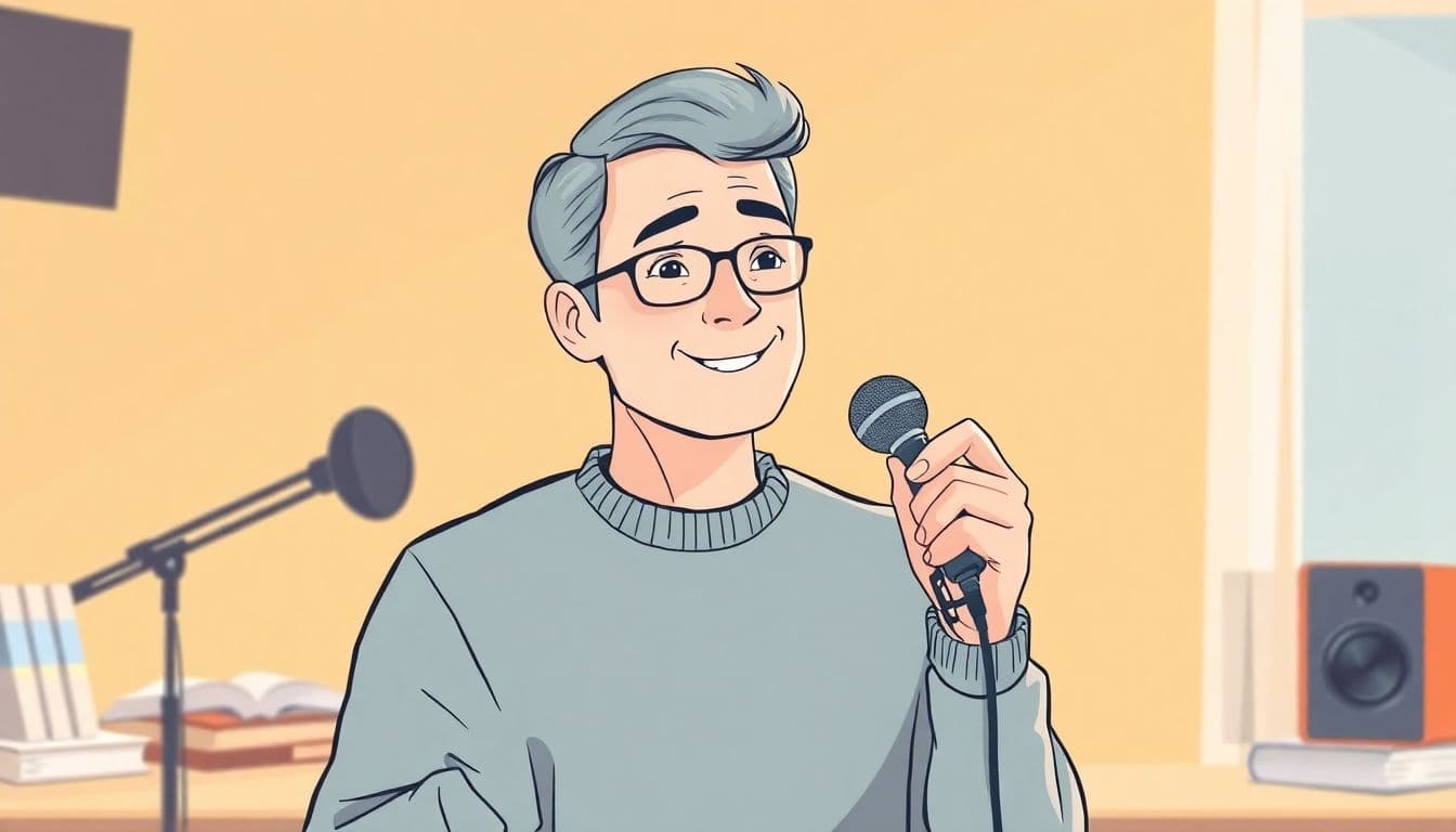 Illustration of a confident audiobook narrator holding a microphone in a warm, inviting setting, featuring soft colors and clean lines, with subtle elements of a recording studio and a book.
