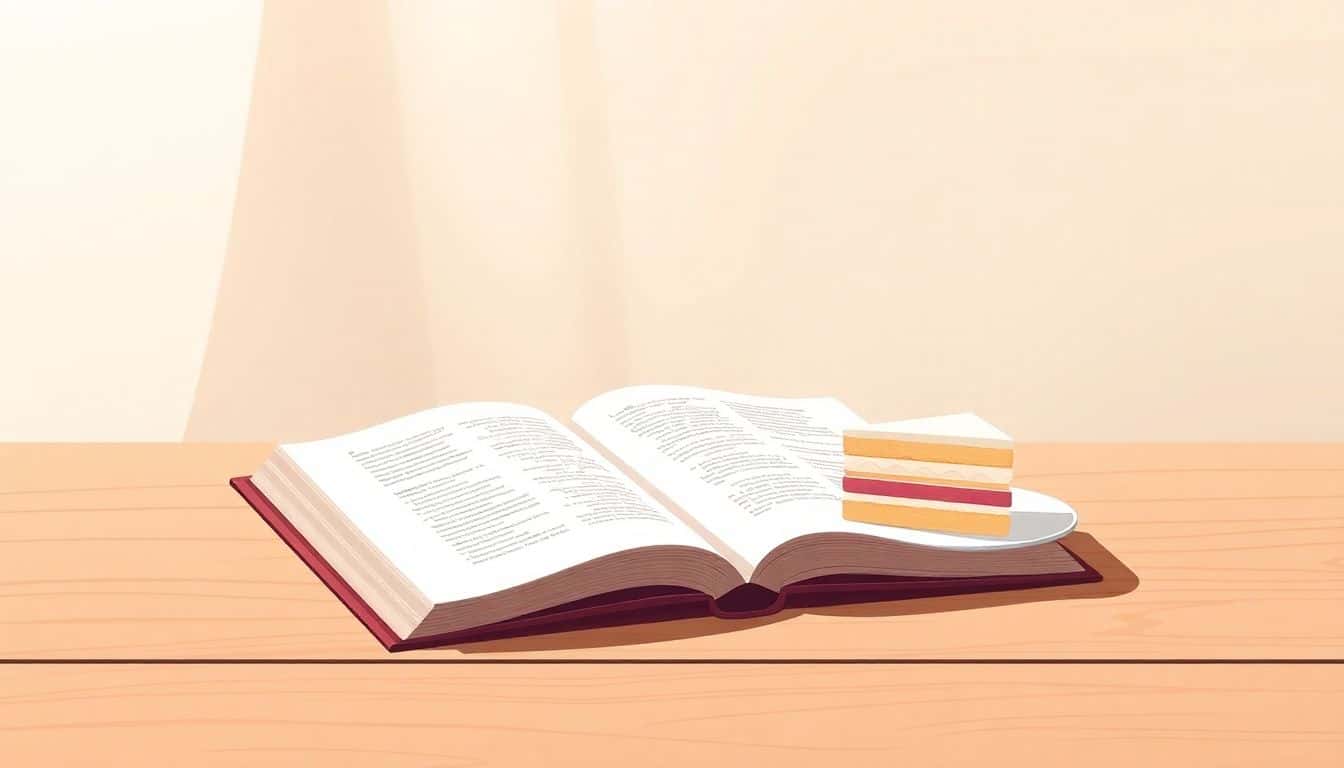 Open book on a wooden table with a slice of cake on a small plate beside it, soft blurred background with warm colors.