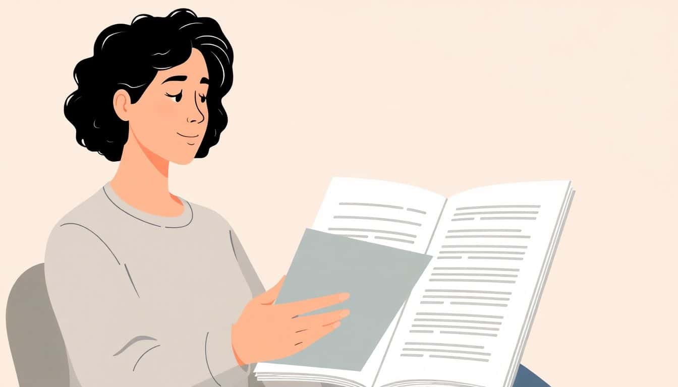 Author reading a long publishing agreement before signing