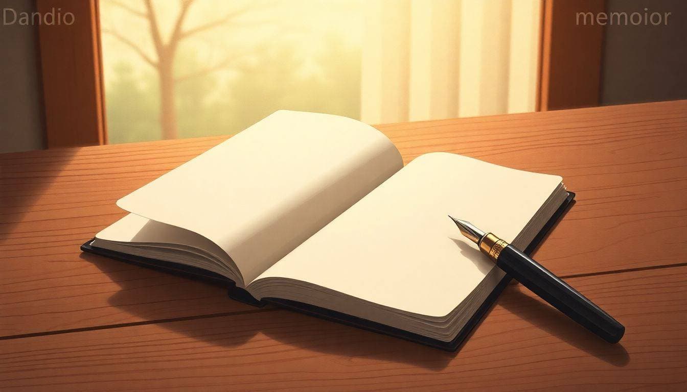 Open vintage journal on a wooden table with a classic fountain pen beside it, illuminated by soft, warm light, with hints of nature visible outside the window.