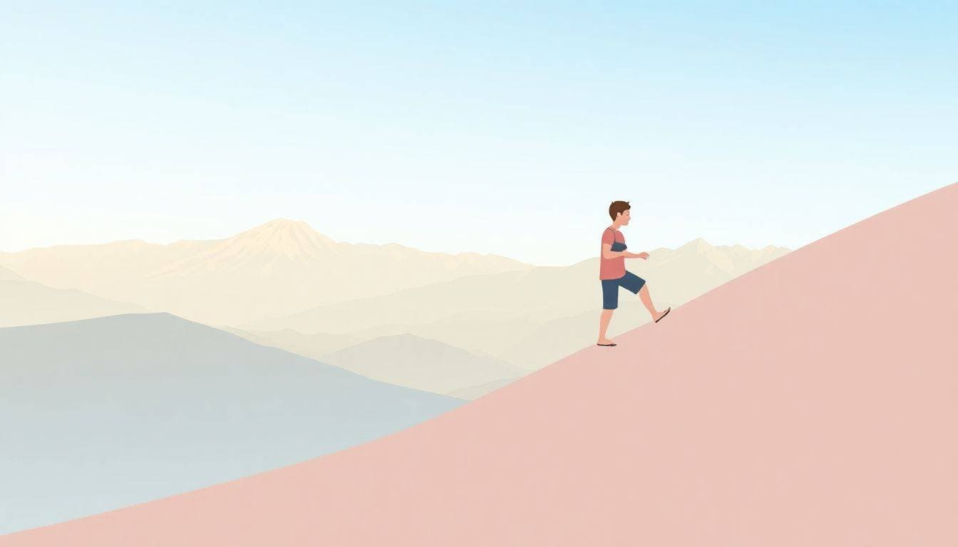 A solitary figure with a thoughtful expression climbs barefoot up a gentle slope in a serene mountain landscape, symbolizing the journey of writing a Code of Conduct, with softly lit mountains and a clear sky in the background.