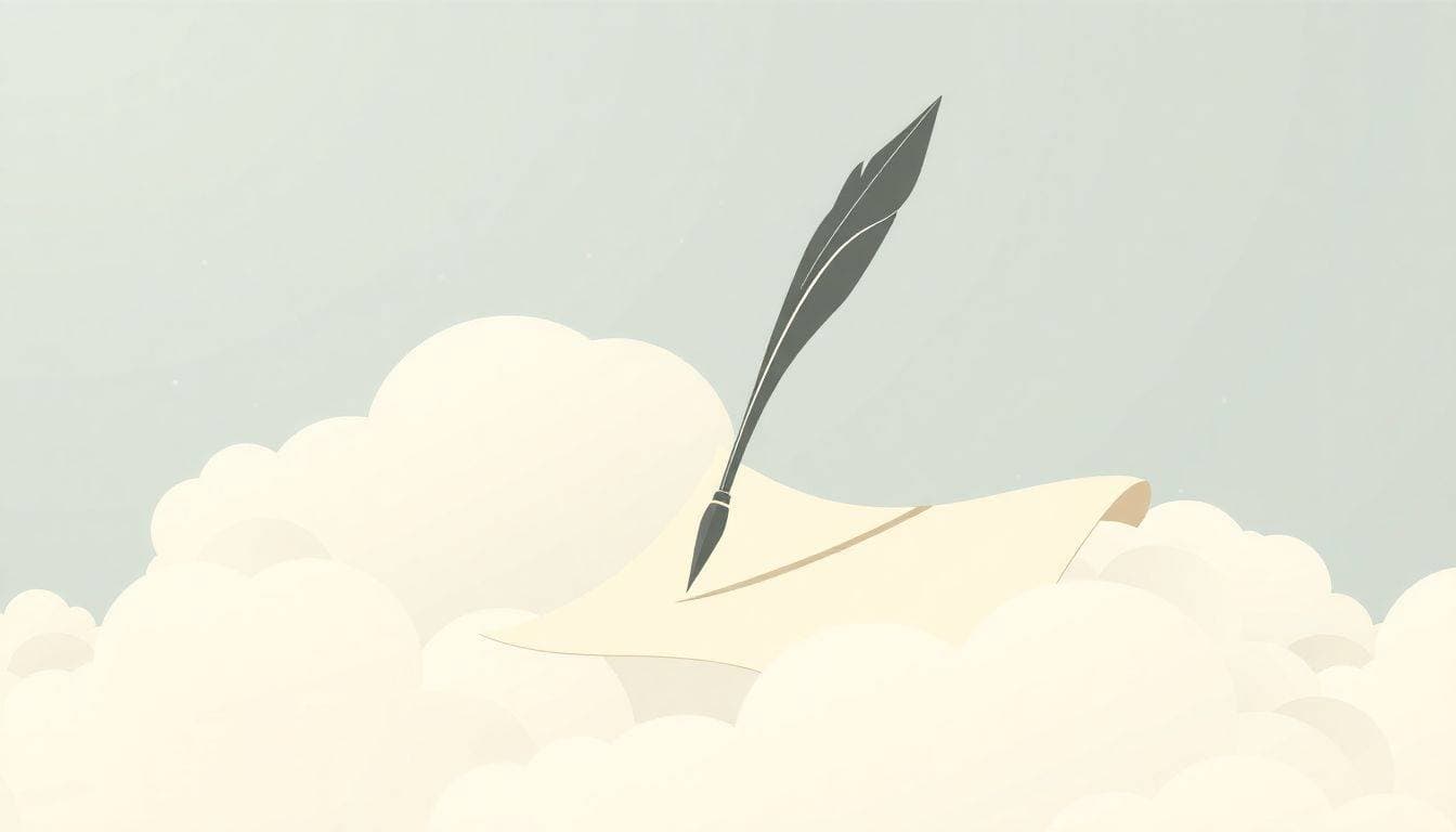 An elegant illustration of a quill pen and an open scroll against a soft background of swirling clouds and stars.