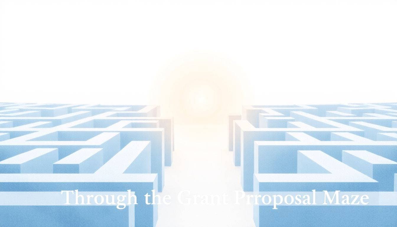A serene, minimalistic maze in soft colors with a path leading to a warm, inviting light at the end, featuring a subtle text overlay that reads "Guidance Through the Grant Proposal Maze." The illustration resembles a delicate watercolor painting.