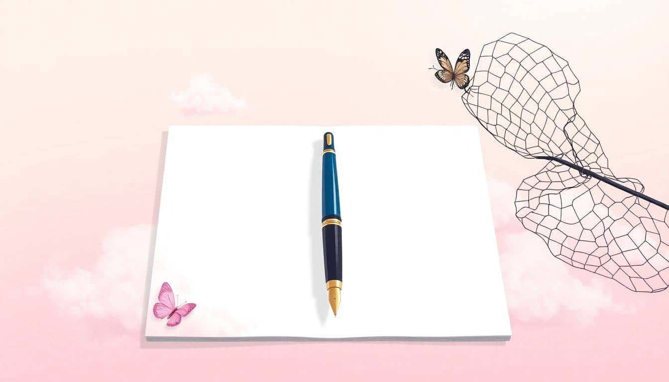 A blank page with a vintage fountain pen, wisps of clouds, and a delicate butterfly net on a calming pastel gradient background.