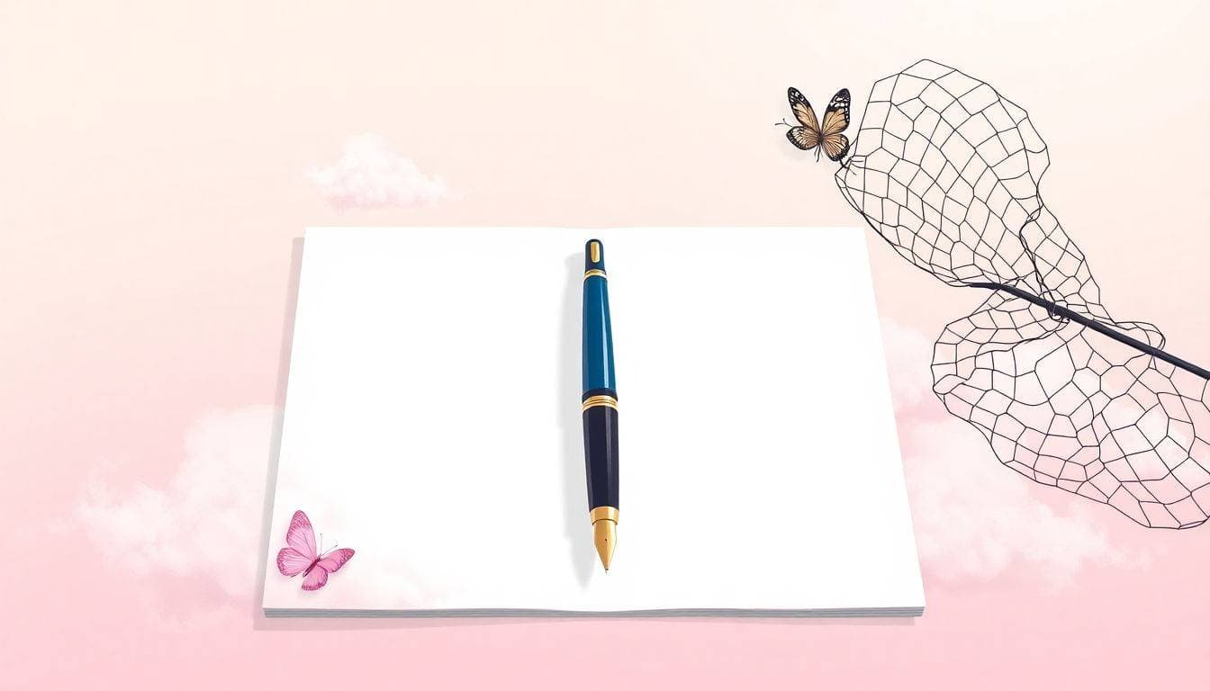A blank page with a vintage fountain pen, wisps of clouds, and a delicate butterfly net on a calming pastel gradient background.