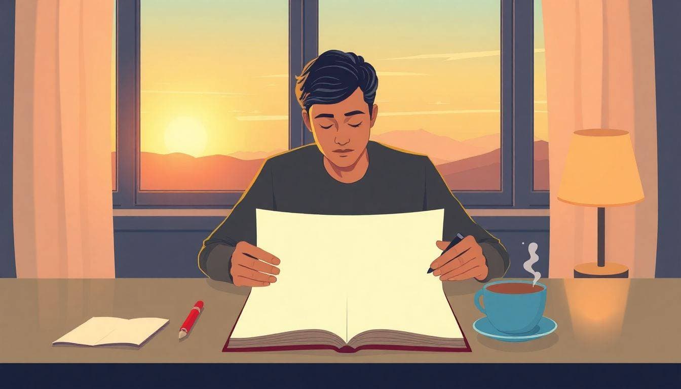 A person sits at a desk, gazing thoughtfully at a blank notebook page, with a vintage fountain pen and a steaming cup of tea nearby. Soft, warm lighting fills the room, enhanced by a gentle sunset visible through the window.