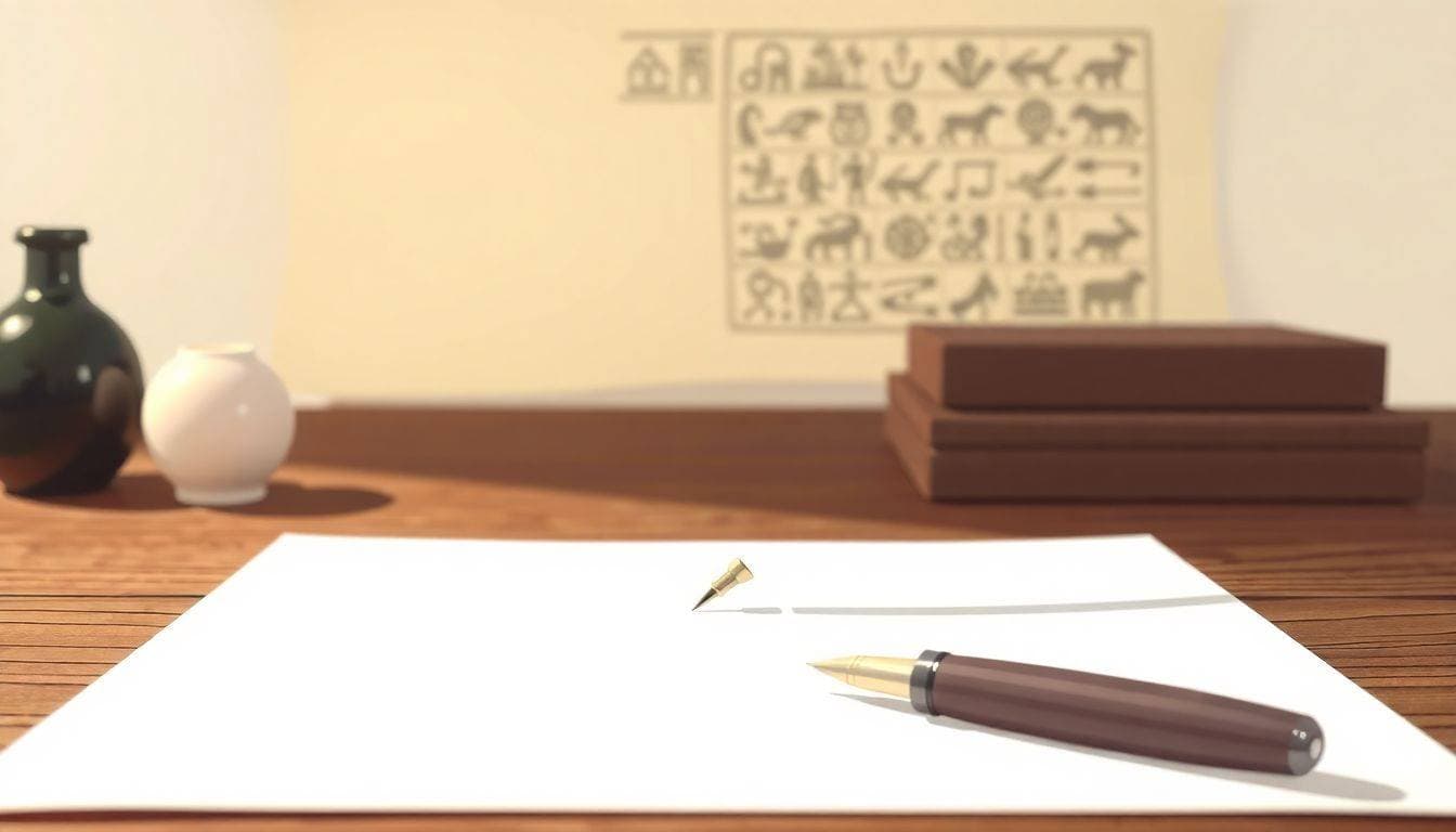 Minimalist workspace with a blank page on a wooden desk, a sleek fountain pen above it, warm lighting, and blurred ancient hieroglyphics on parchment in the background.