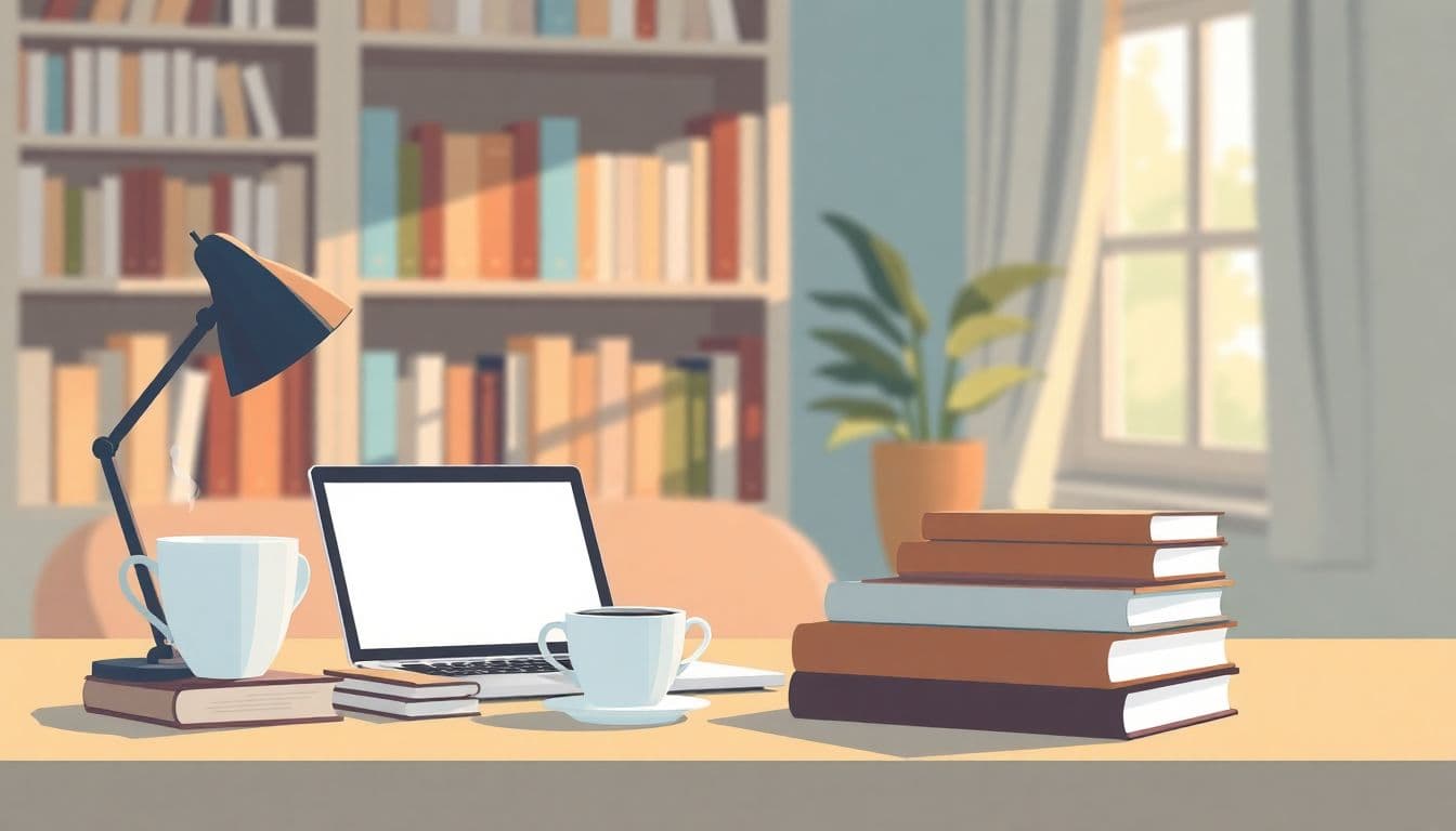 Cozy workspace with an organized desk featuring an open laptop on a publishing platform, a steaming cup of coffee, stacked book covers, a soft bookshelf filled with books, and warm light from a nearby window.