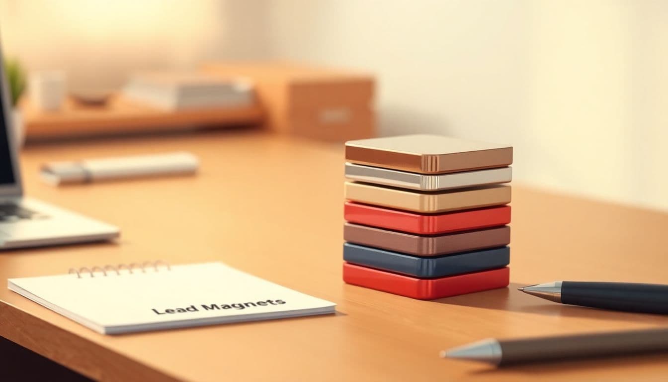 A stack of uniquely designed lead magnets on a wooden desk, with a softly blurred background, warm light, a notepad, and a pen nearby.
