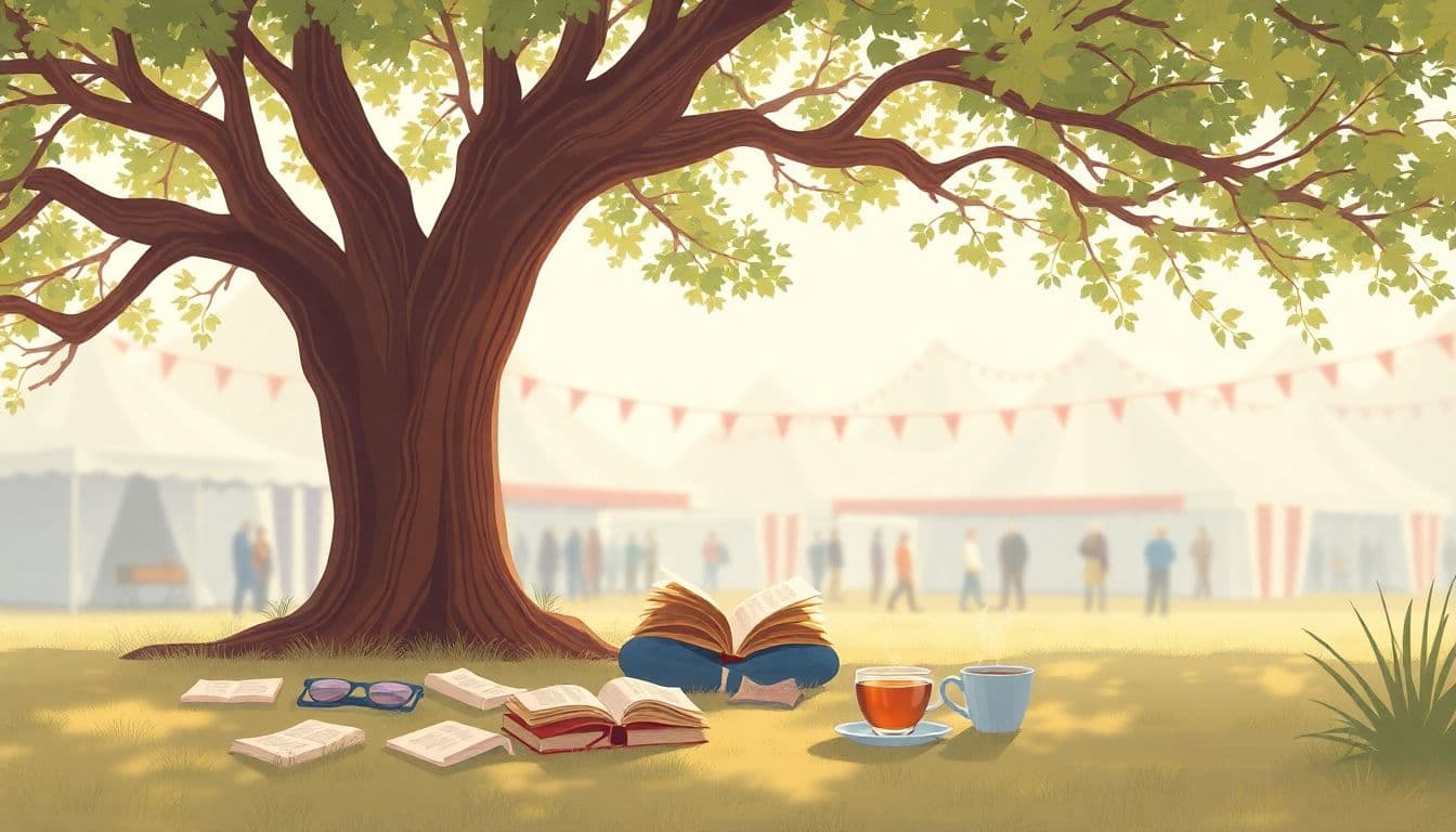 Illustration of a cozy reading nook under a large tree, surrounded by scattered books and a cup of tea, with blurred festival tents and banners in the background, featuring soft, warm colors.