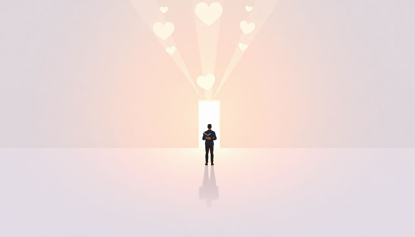 A solitary figure stands in a vast, open room holding a book, gazing towards a distant glowing door symbolizing opportunities, surrounded by floating hearts and light beams that represent engagement, with a calm color palette conveying introspection and hope.