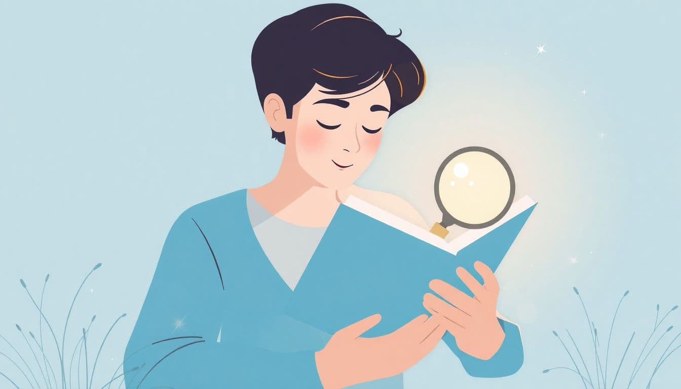 Reader examining an open book with a magnifying glass to trace recurring details