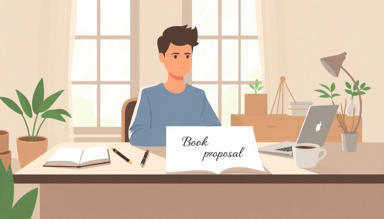 A serene workspace with a writer at a desk, a notebook, a laptop, and a cup of coffee, illuminated by soft sunlight through a large window, featuring a visible paper that reads "Book Proposal."