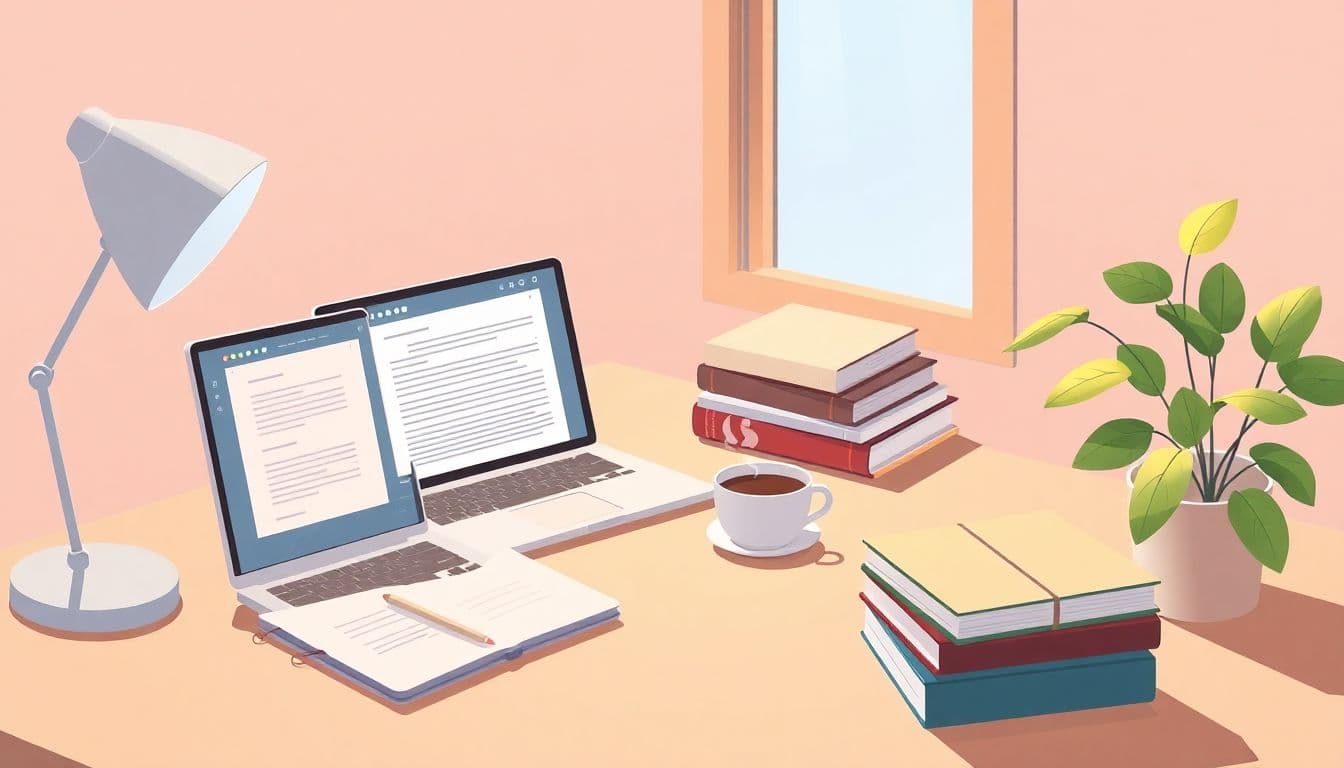 Cozy study space with a desk featuring an open laptop, a stack of writing books, a steaming cup of coffee, and a plant, all under warm lighting in a simple background.