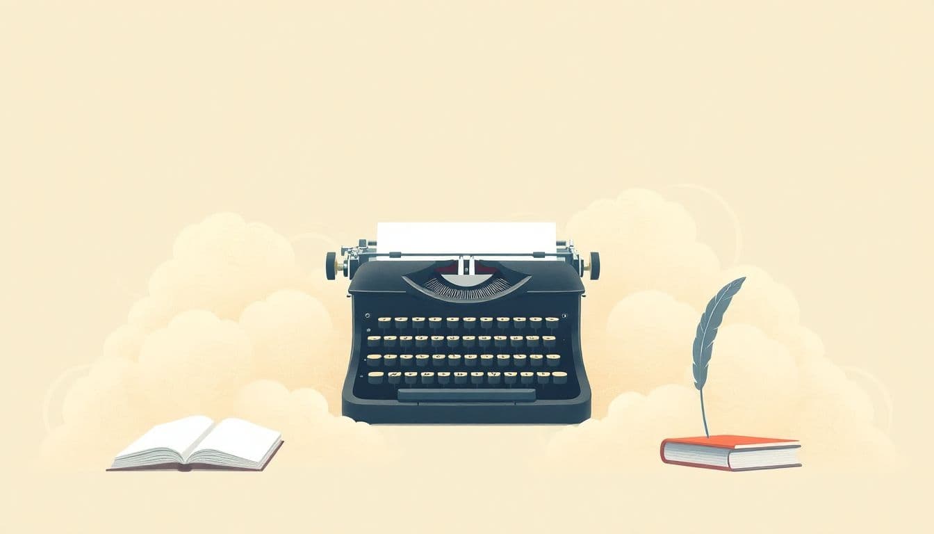 Elegant typewriter surrounded by soft pastel clouds, hints of books and a quill, conveying personal branding for authors.