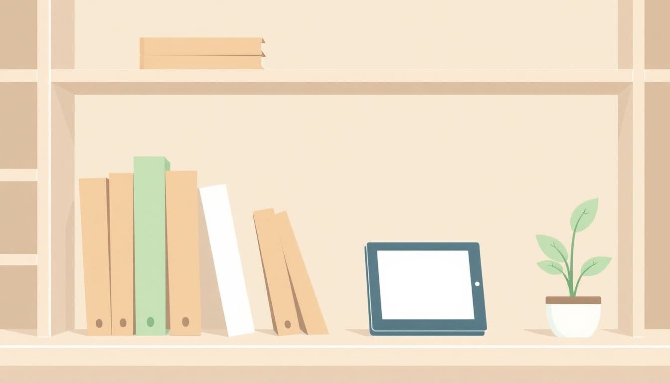 Minimalist illustration of a sleek bookshelf with sustainable books and a digital e-reader, accented by a small plant.
