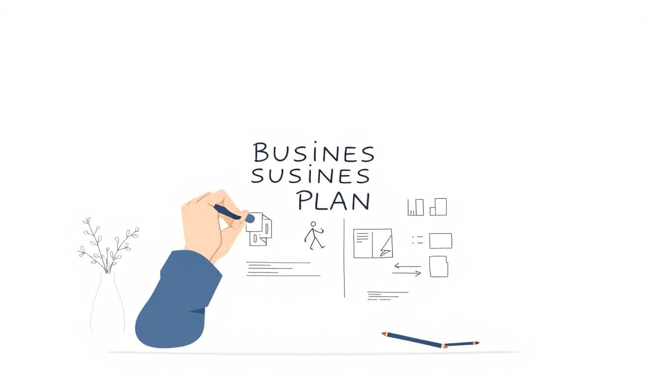Minimalist illustration of a person confidently writing a simplified business plan on a large sheet of paper, with a soft, calming color palette and a subtle background.