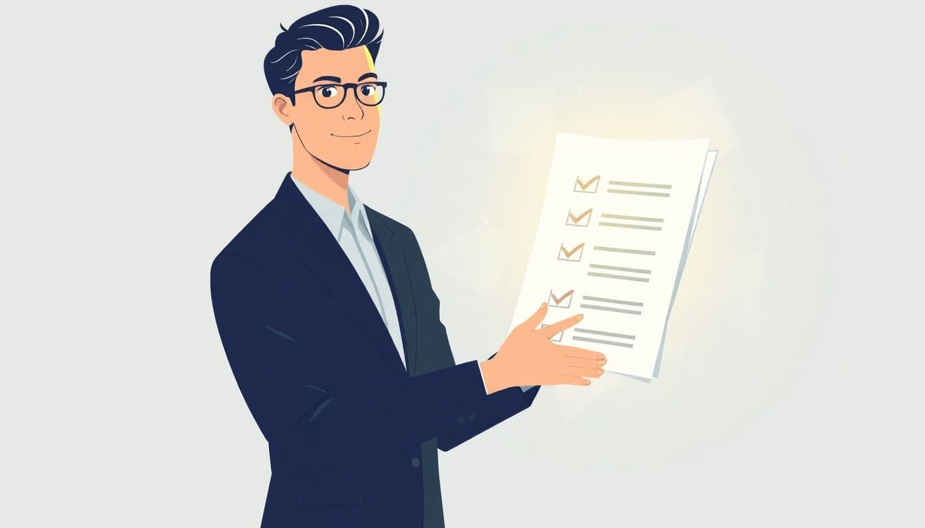 A calm, confident professional holds a glowing document or checklist, set against a subtle abstract background, conveying clarity and reassurance through minimalistic design in light blues and whites.