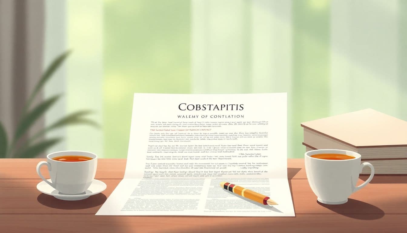 A serene desk with an open contract document, a quill pen, and a cup of tea, set in a softly blurred background with gentle lighting.