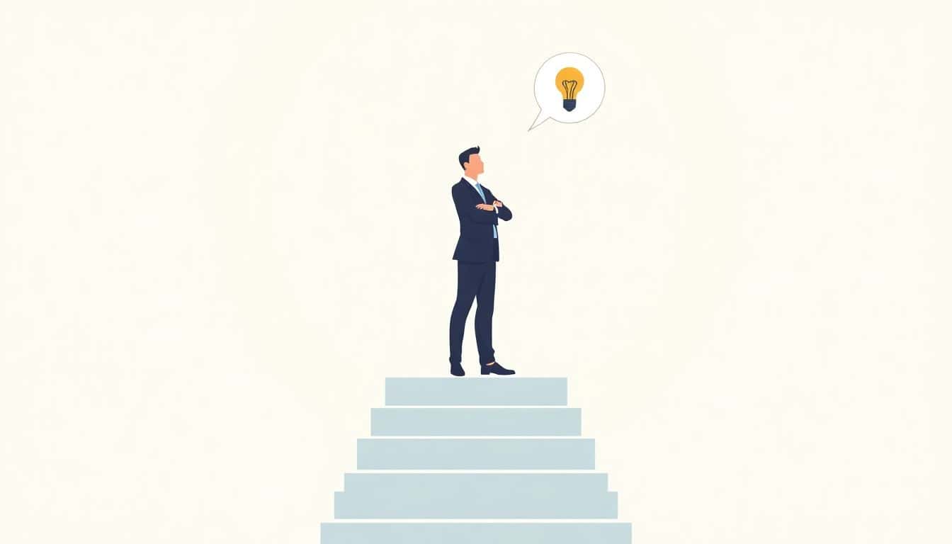 Confident leader standing on a clean path, with a lightbulb and speech bubble symbolizing ideas and communication, in soft, inspiring colors.