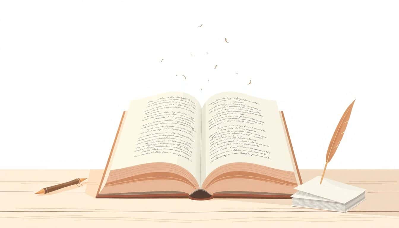 Minimalist illustration of an open poetry book with handwritten lines emerging from the pages, accompanied by a quill and a small stack of paper, set against a simple, soft pastel background.