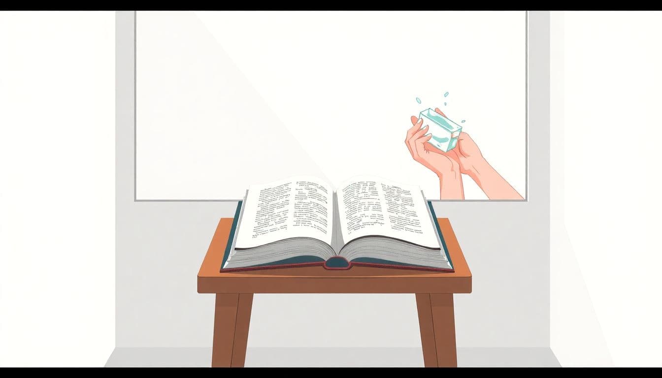 Minimalist illustration of a cozy reading nook with an open book on a wooden table, illuminated by sunlight, and a pair of hands holding a slippery bar of soap in the background.