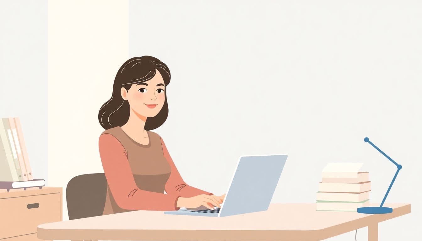 A calm self-publishing author sitting at a clean desk with a laptop, surrounded by a serene and organized environment in soft colors, symbolizing stress-free creativity.